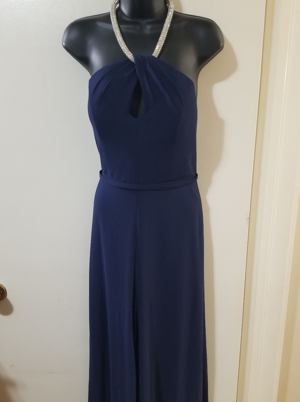 Omai Navy Sheer Overlay Halter Jumpsuit Rhinestone Strap Wide Leg M